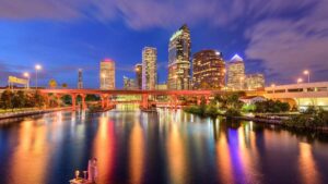Tampa bay bridge and the tampa skyline at twilight